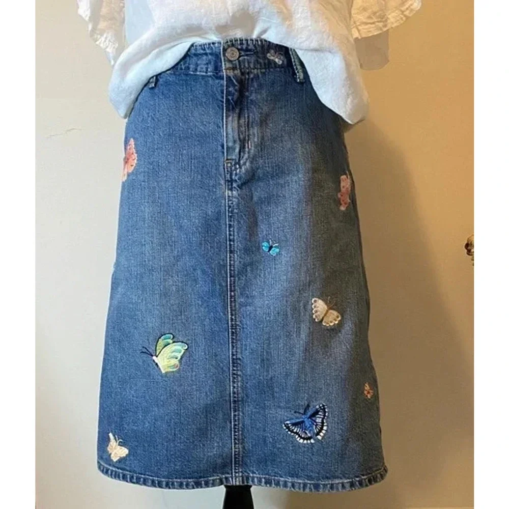 Y2k Gap Jean Skirt 6 Midi Embroidered Butterflies Patches Boho Festival Whimsy - Picture 2 of 16